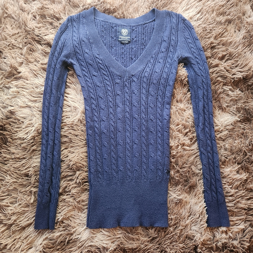 Y2K American Eagle Outfitters Navy V-Neck Bella Swan Sweater XS Soft Wool Blend
